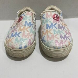Michael Kors baby girl size 6 slip on multicolored shoes MK logo pattern. SKU473